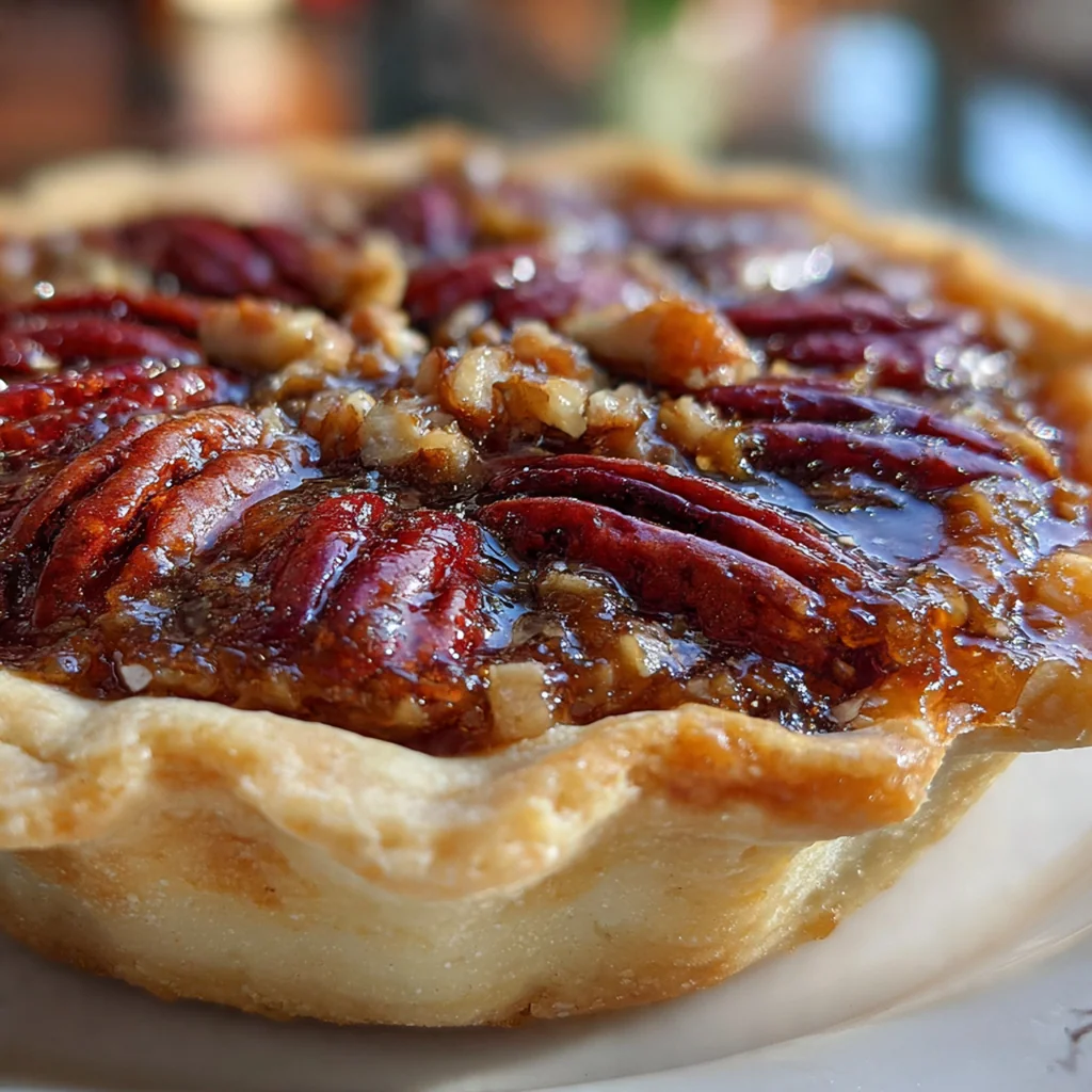 A small pecan pie with a golden flaky crust and glossy pecan filling in a white dish