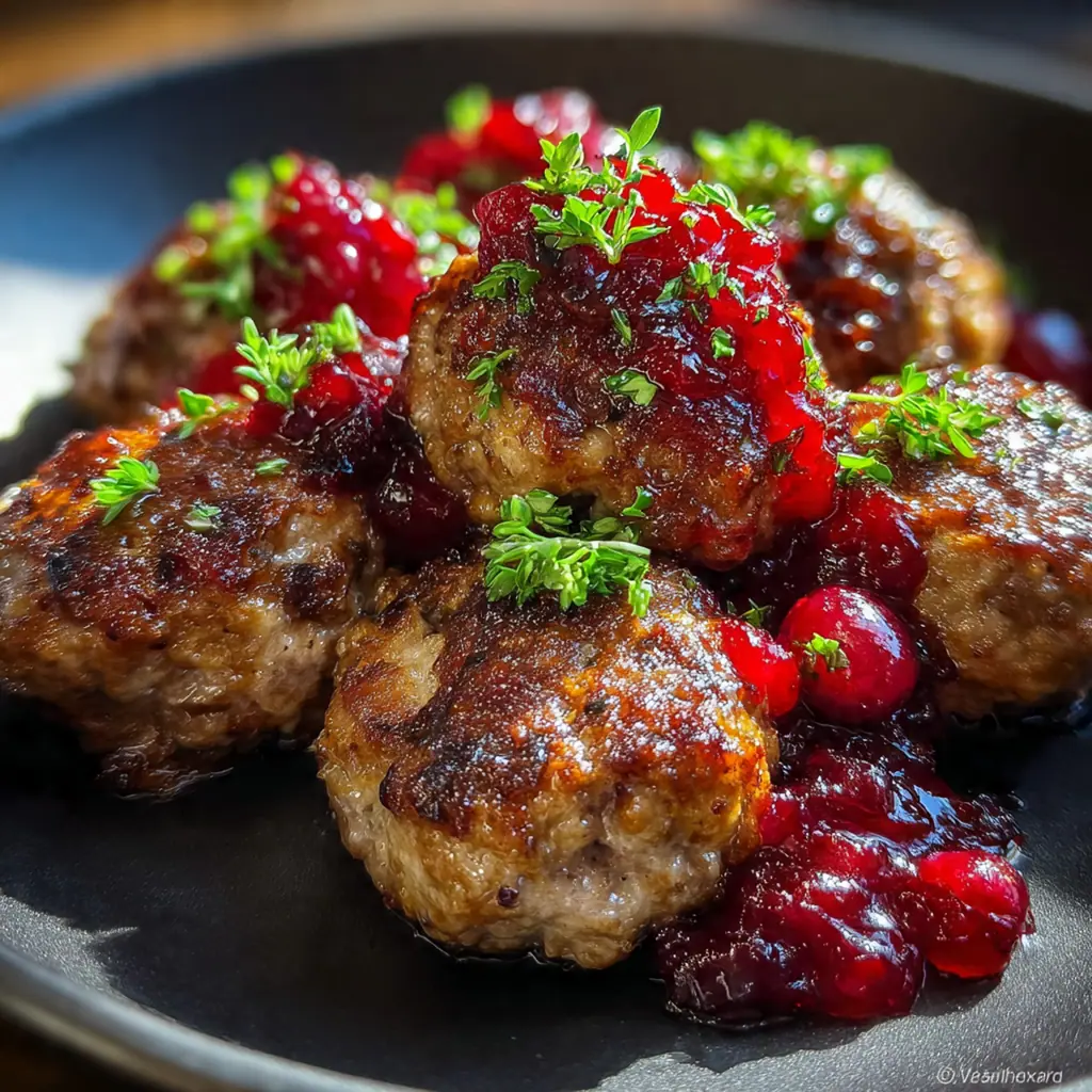 A festive bowl of glossy Christmas Cranberry Meatballs garnished with fresh parsley.