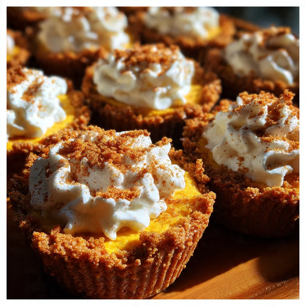 A dozen individual pumpkin pie cups with graham cracker crusts and smooth spiced filling, topped with whipped cream.