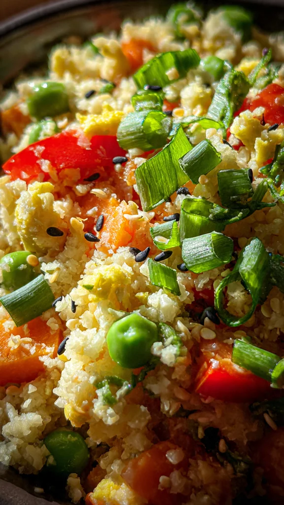 A vibrant skillet of savory cauliflower fried rice with peas, carrots, egg, and green onions