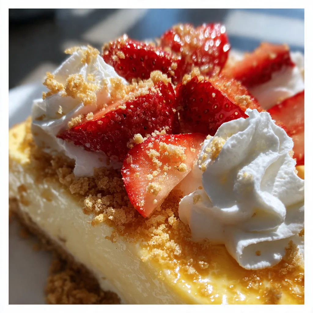A tall slice of Chantal's New York Cheesecake on a white plate with a graham cracker crust and creamy filling