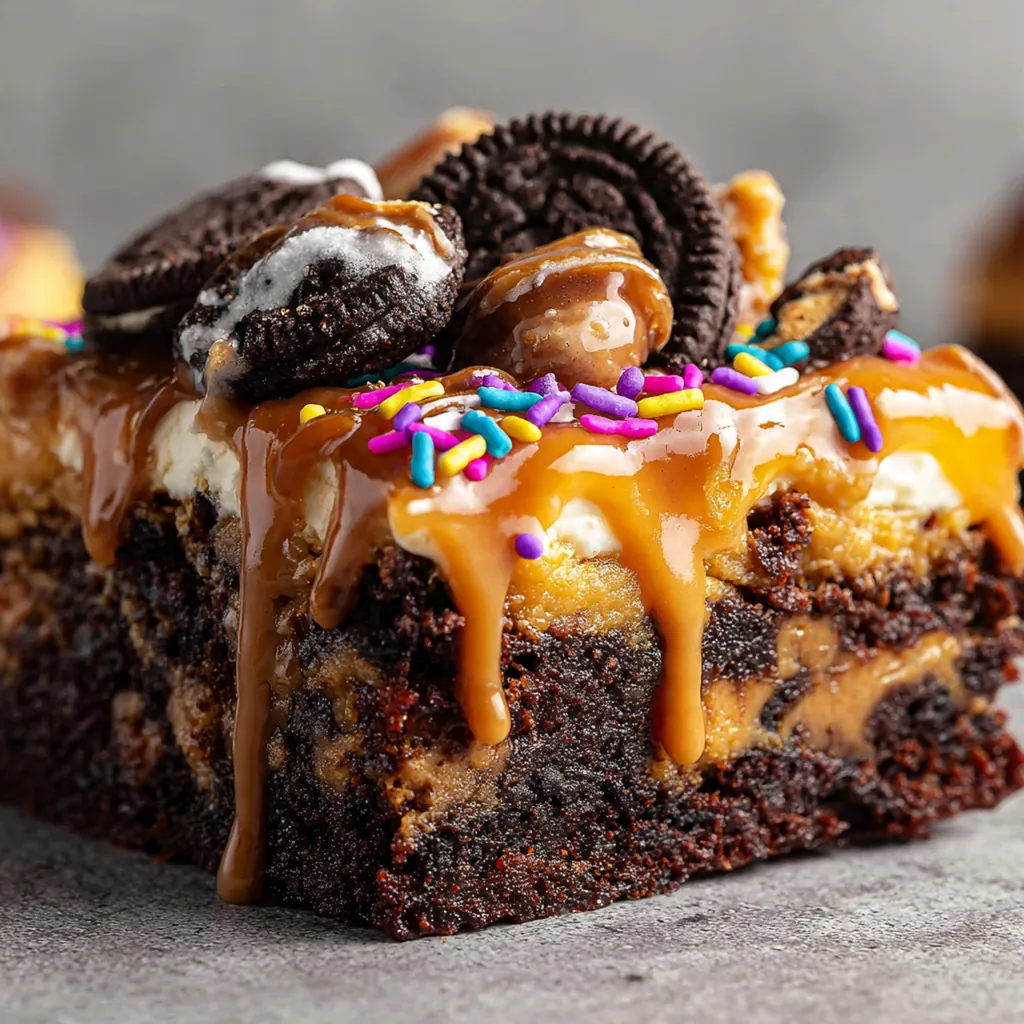 A freshly baked pan of slutty brownies showing the glossy, crackly brownie top.