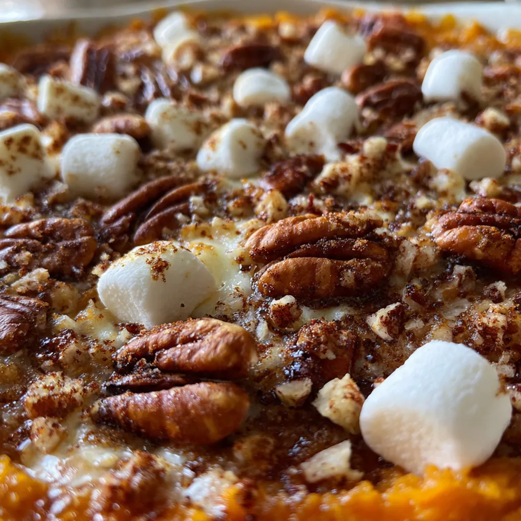 A bubbling sweet potato casserole with a golden brown pecan streusel topping fresh from the oven