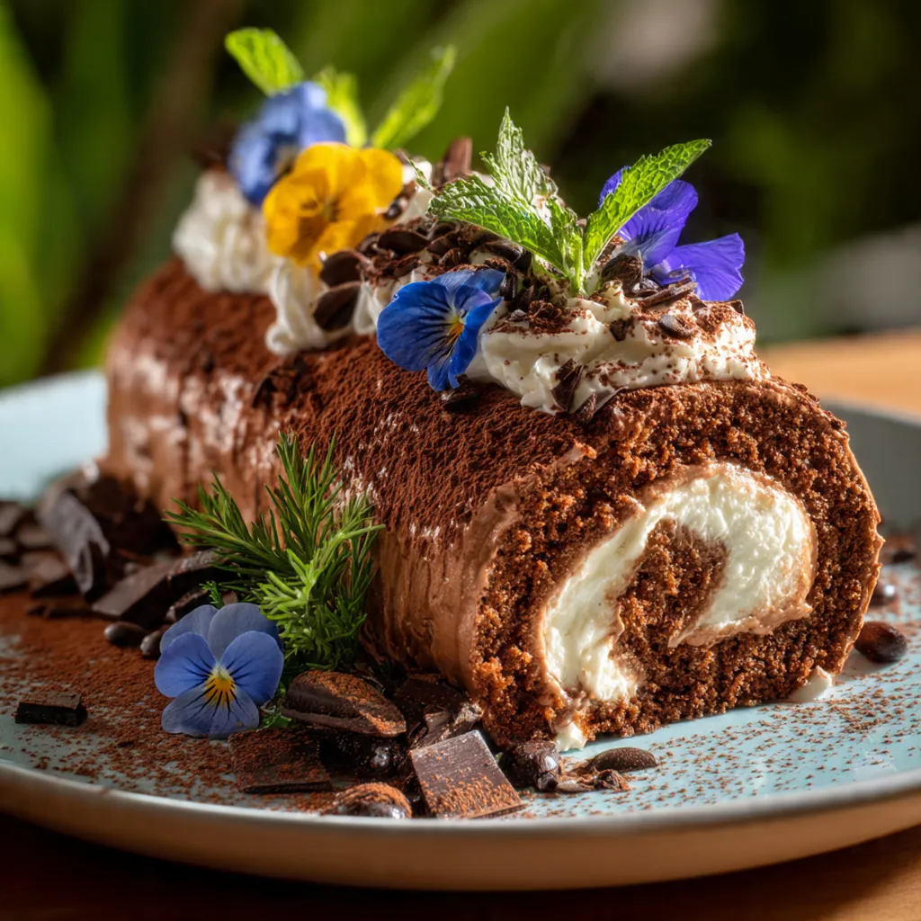 A festive chocolate log dessert dusted with powdered sugar and garnished with fresh berries