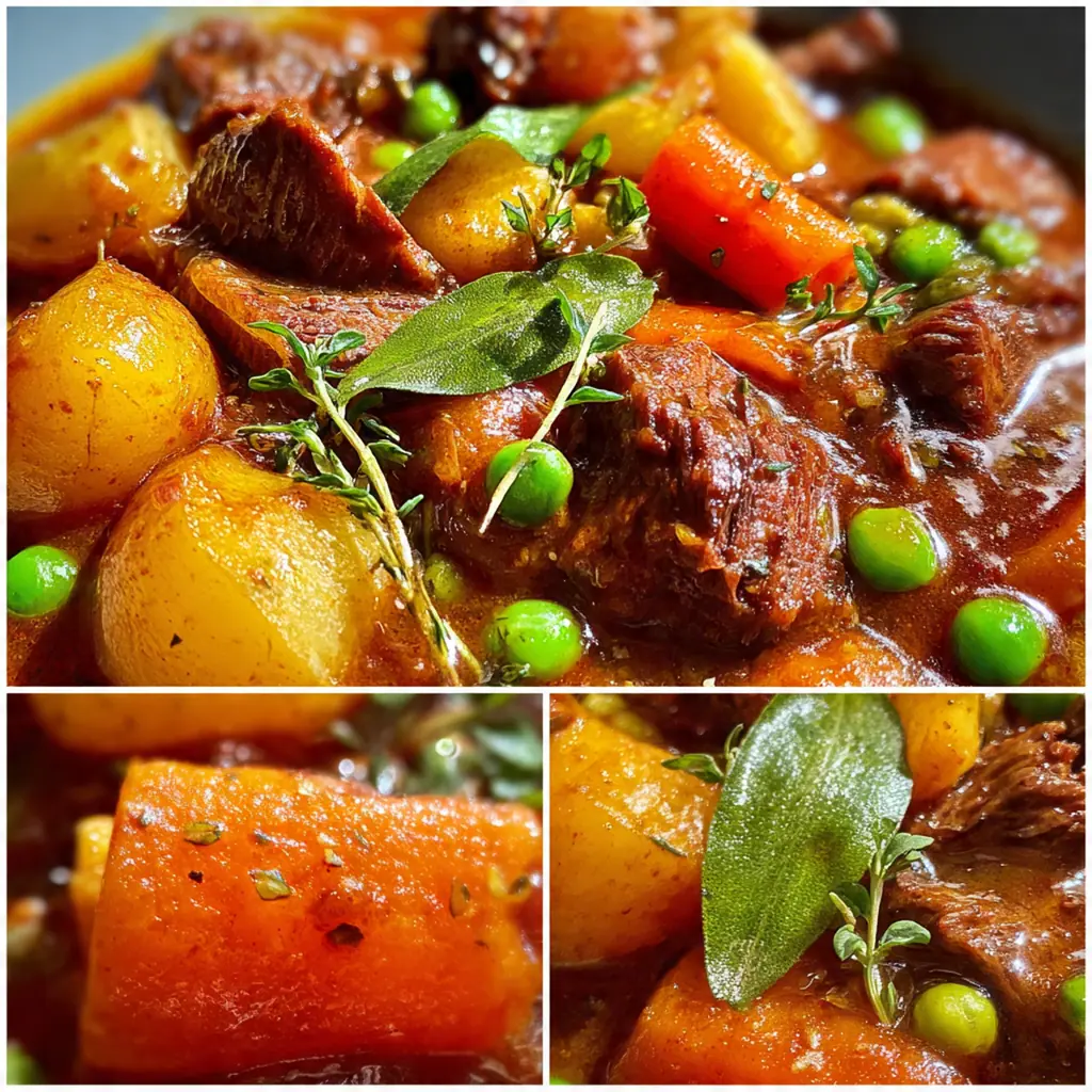 A rustic bowl of hearty slow cooker beef stew with tender beef chunks, carrots, and potatoes in a rich gravy