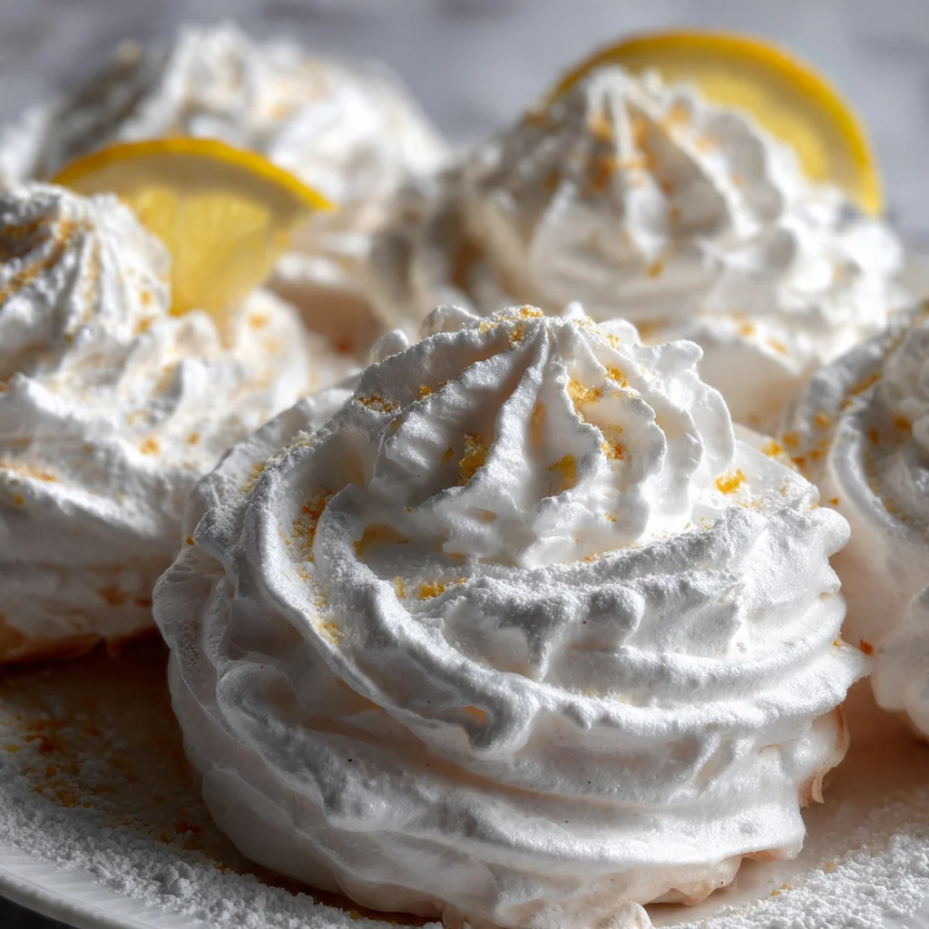 A beautiful platter of pale white meringue cookies topped with green chopped pistachios.