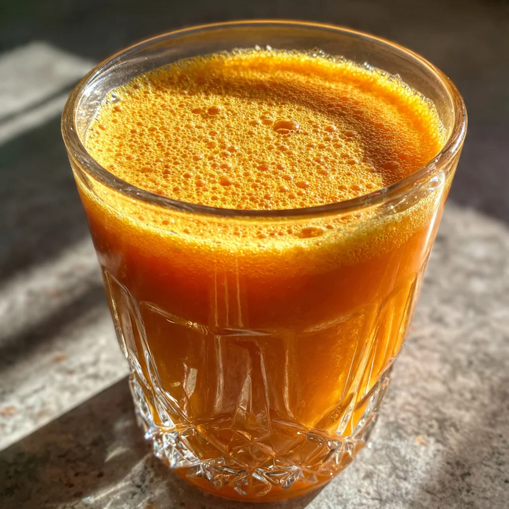 A warm mug of homemade pumpkin juice topped with whipped cream and a cinnamon stick.