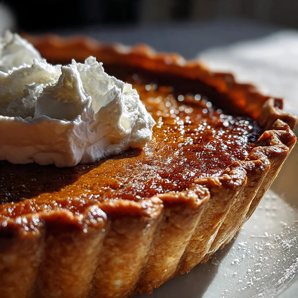 A perfect slice of creamy pumpkin pie topped with a swirl of whipped cream on a dessert plate.