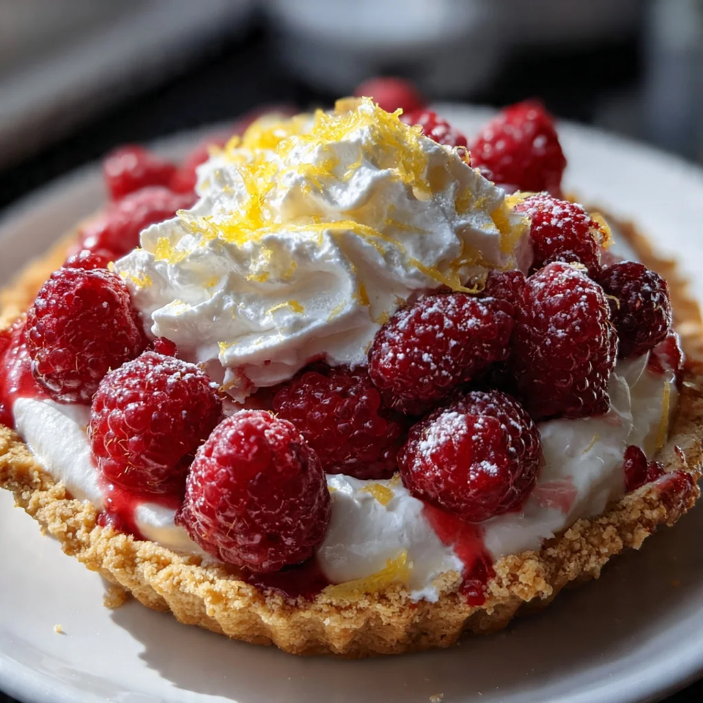 A stunning raspberry lemon pie with a golden, crimped crust and a vibrant red filling bursting with fresh berries