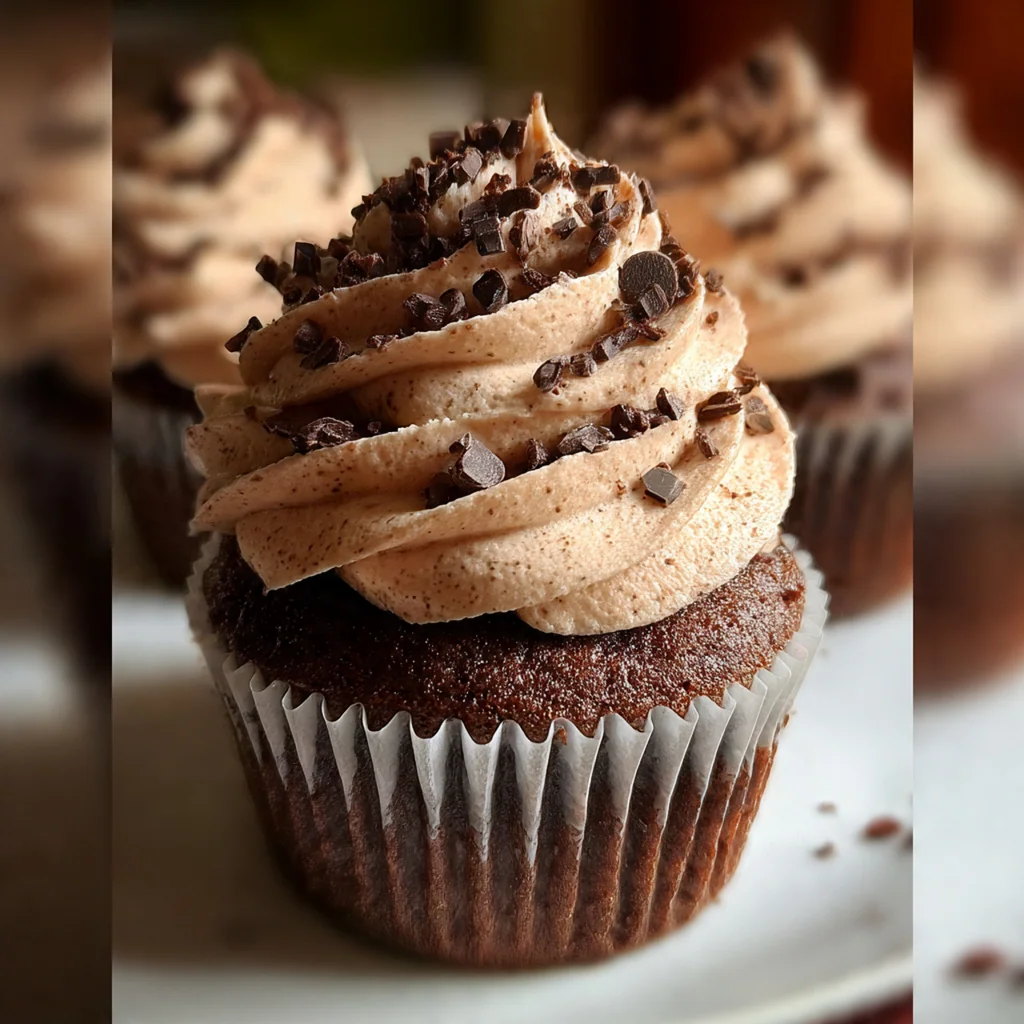 A dozen fudgy chocolate cupcakes topped with swirls of rich chocolate buttercream and colorful sprinkles.