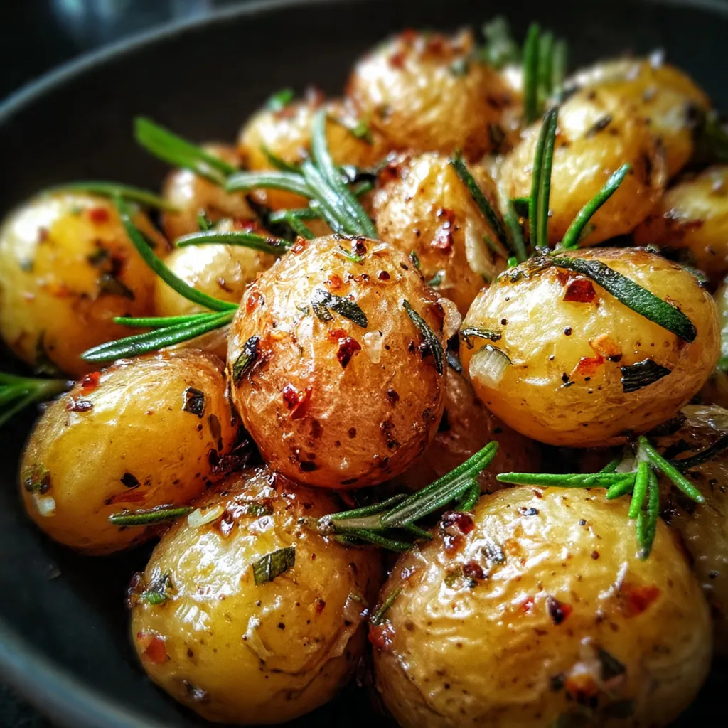 A close-up of crispy golden air fryer baby potatoes coated in rosemary and garlic in a white bowl