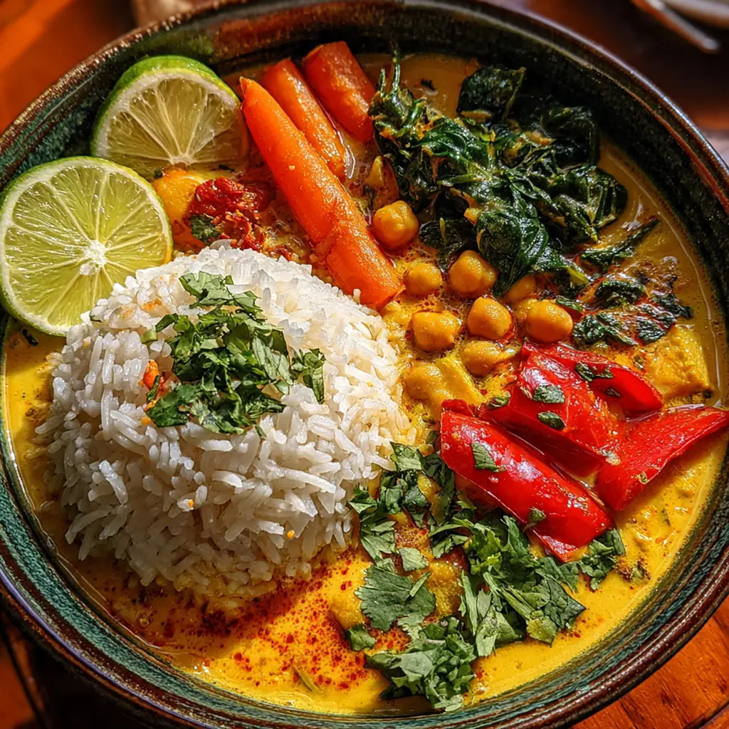 Close-up of a Dutch oven simmering with rich coconut curry, steam rising from the surface