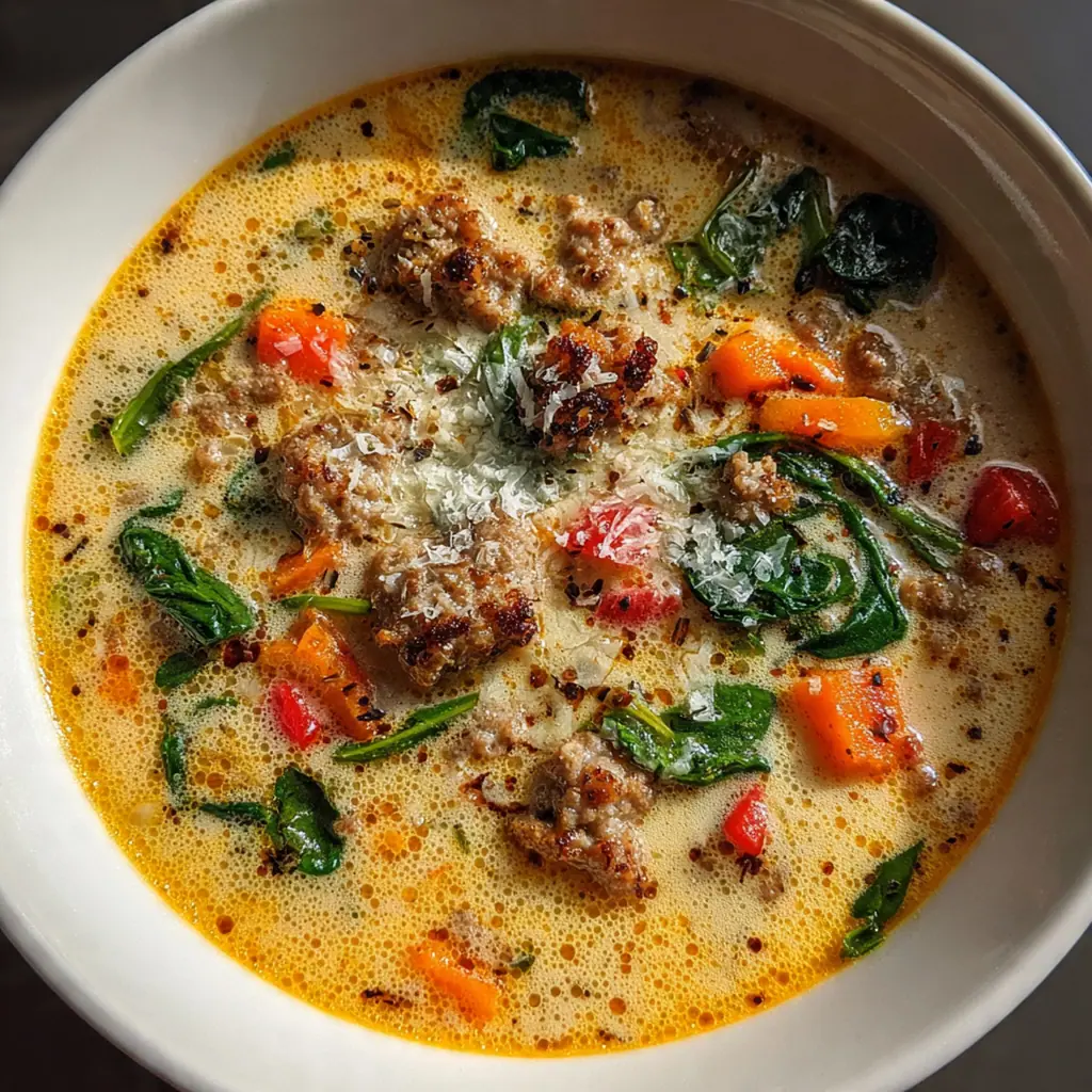 A complete dinner setting with a bowl of Parmesan sausage soup, a crusty bread roll, and a simple green salad