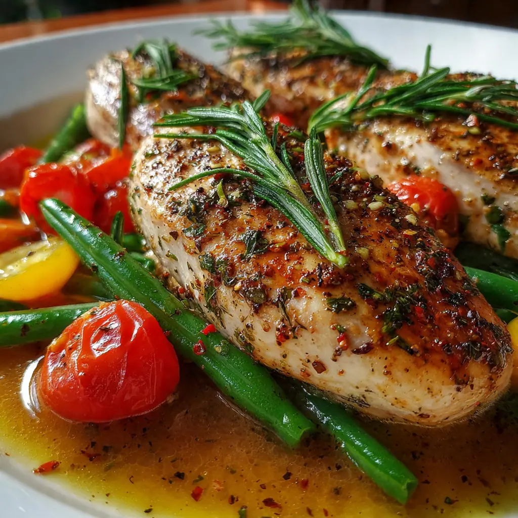 A complete dinner plate with herb-roasted turkey tenderloins, roasted vegetables, and a lemon wedge