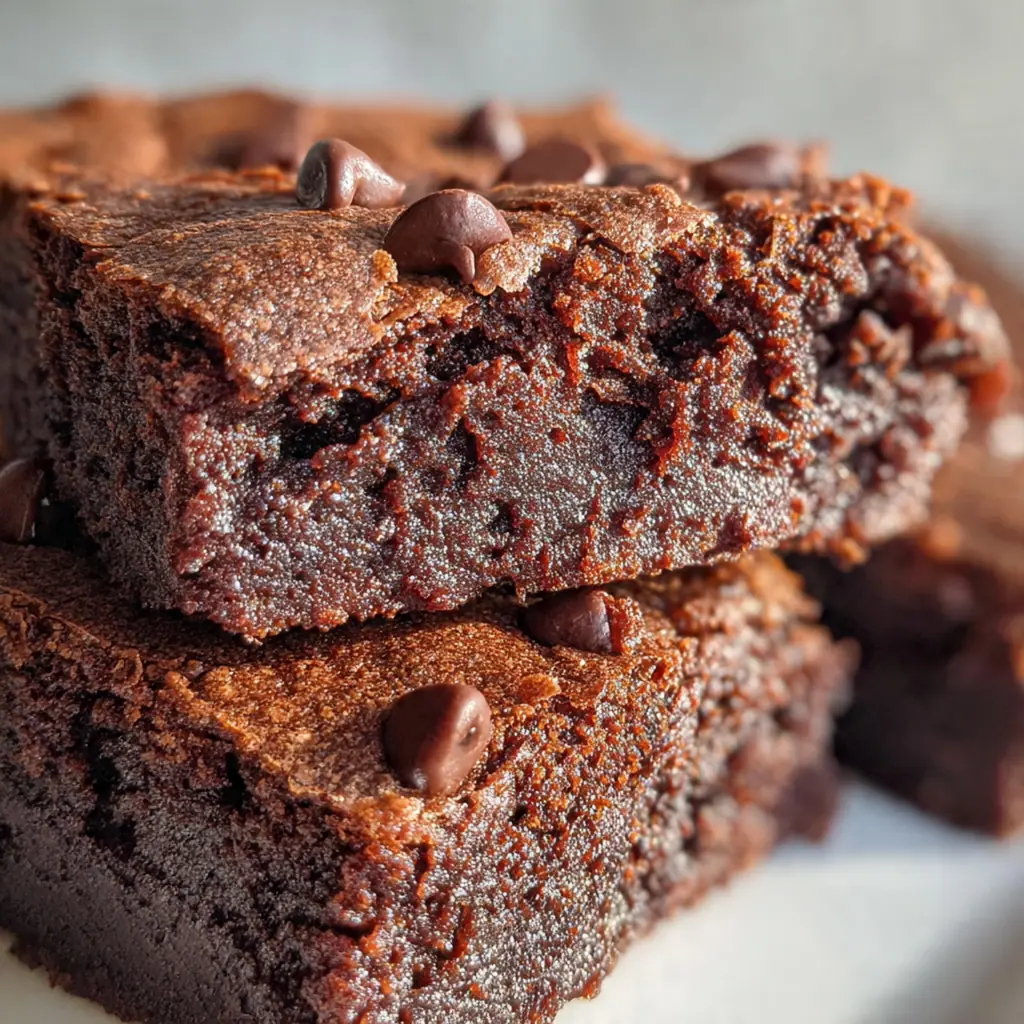 Rich, dark chocolate batter being poured from a mixing bowl into a parchment-lined 8x8 baking pan.