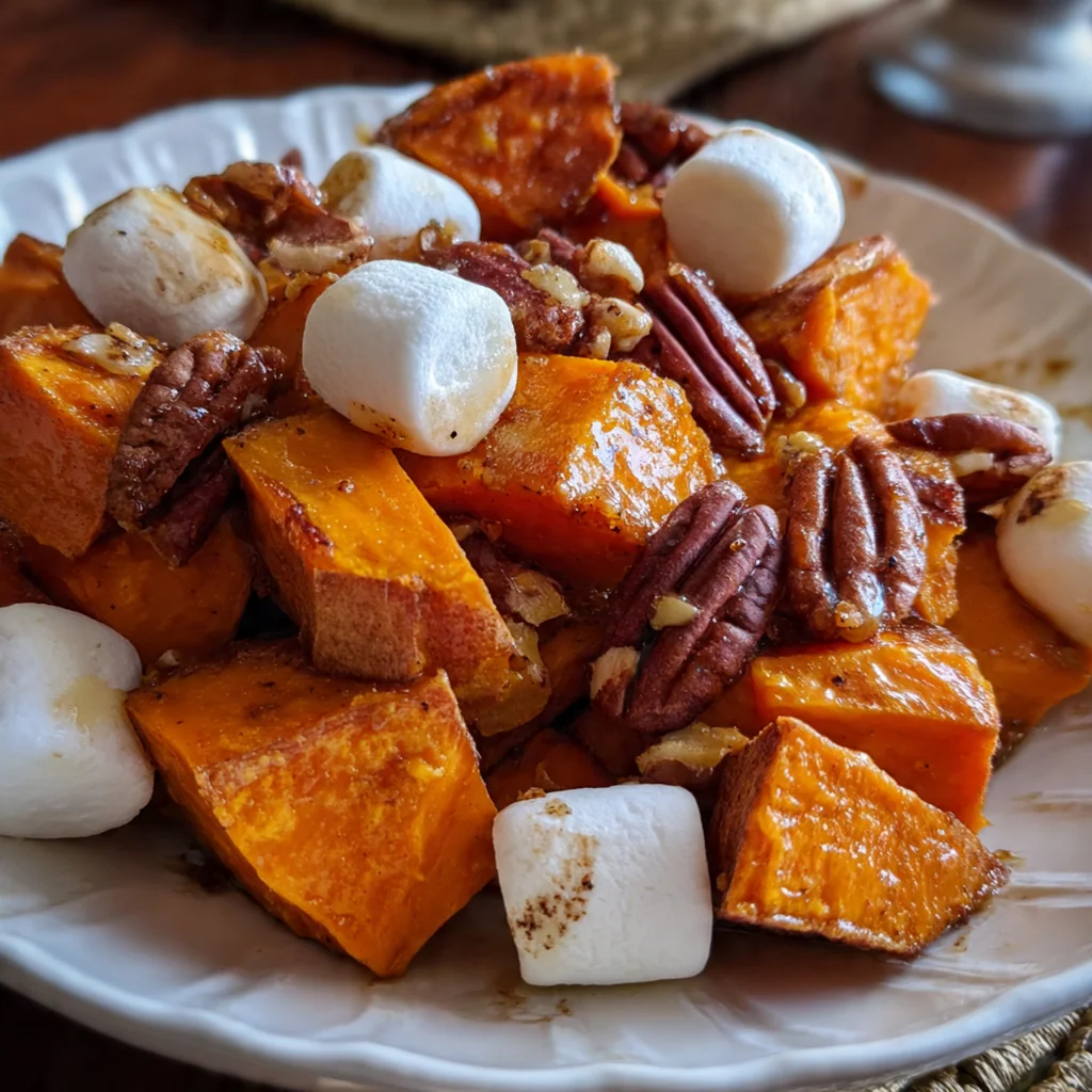 Close-up of a fork lifting a tender slice of sweet potato dripping with spiced syrup