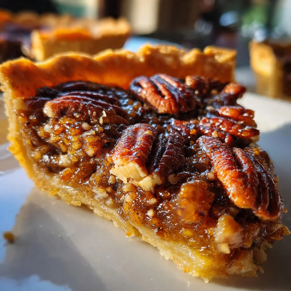 Overhead shot of a whole small pecan pie next to a scoop of vanilla ice cream