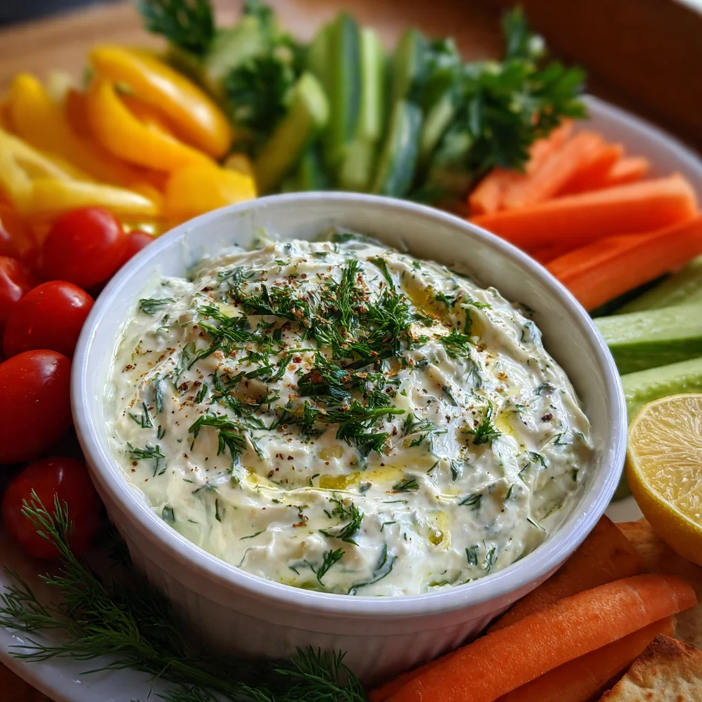 A vibrant vegetable platter with tzatziki dip, colorful bell peppers, carrots, and pita bread on a wooden board