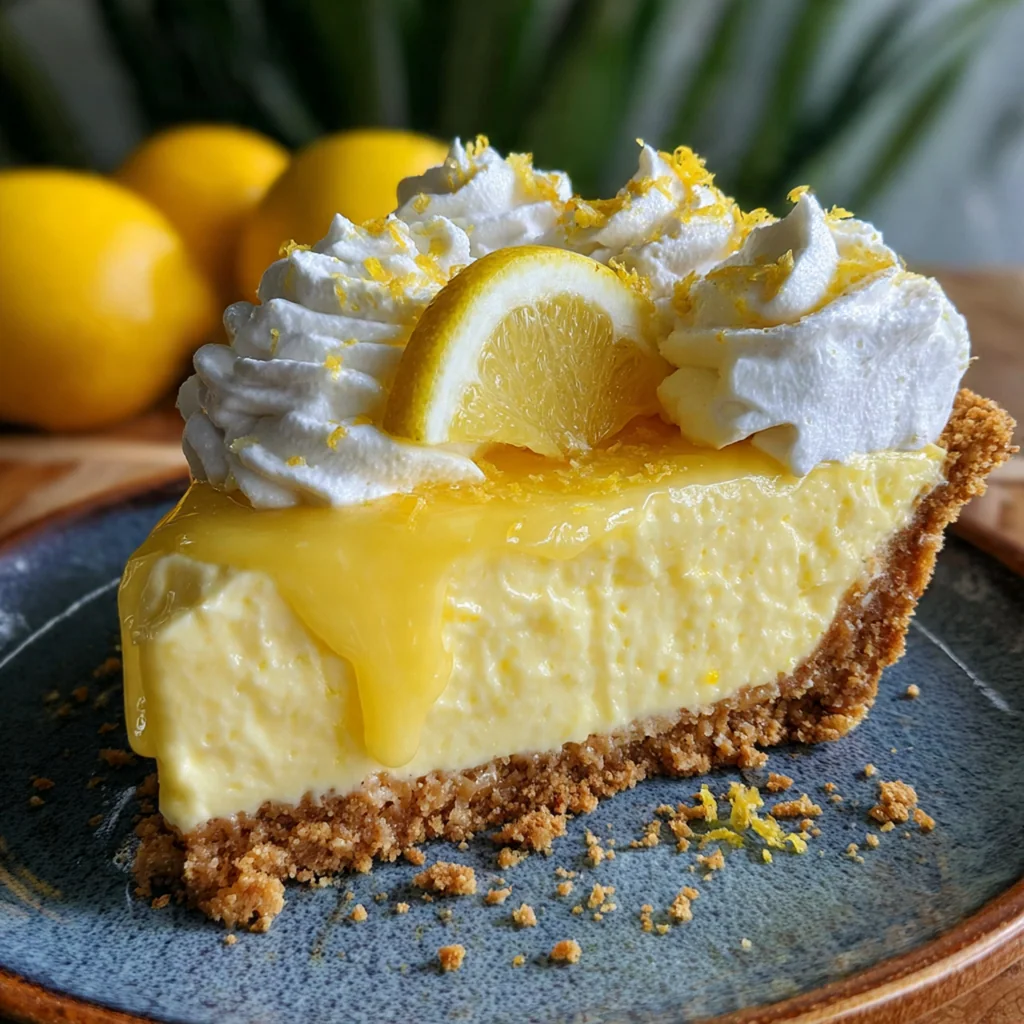 A hand placing a fresh lemon slice and a sprinkle of zest on top of a finished lemon icebox pie.