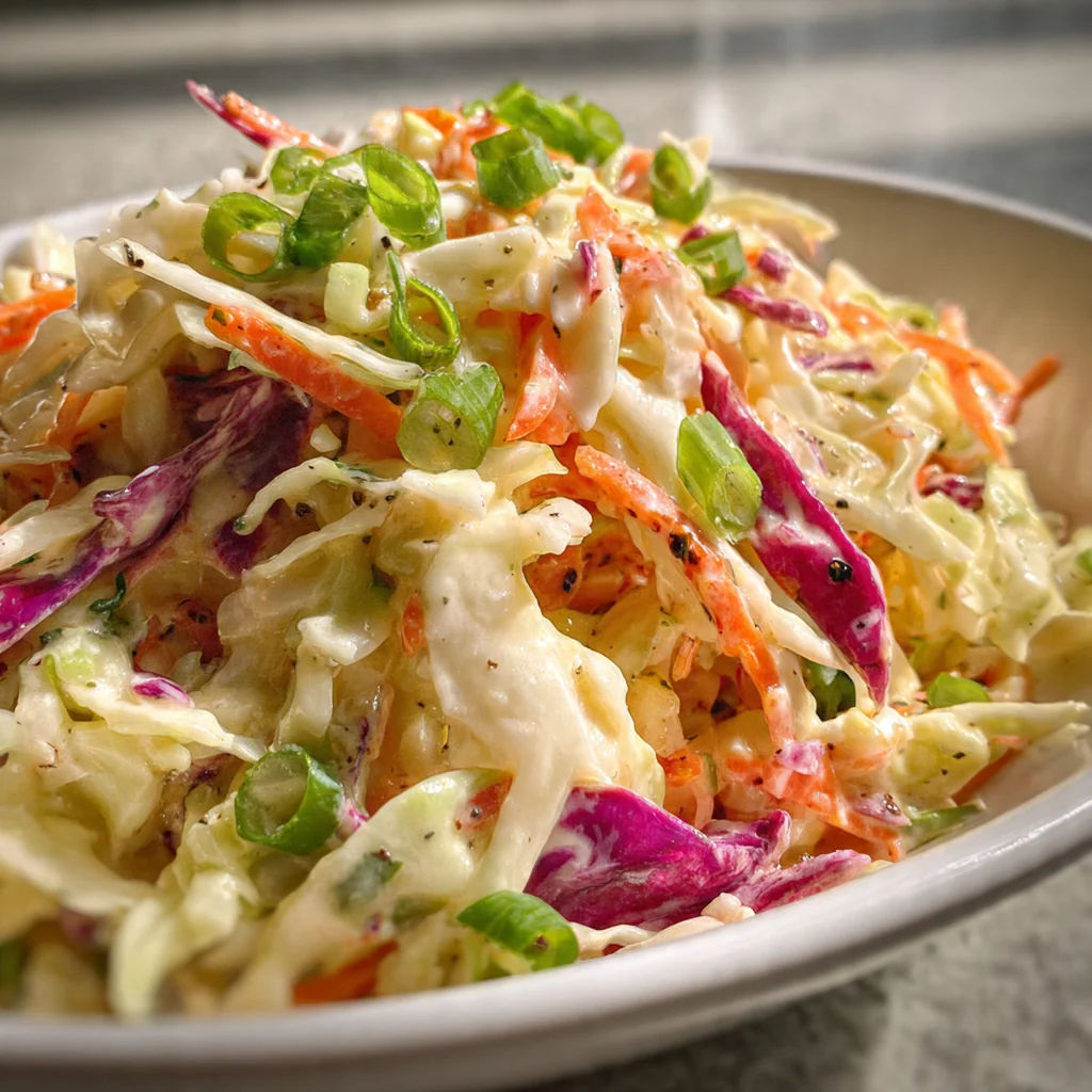 A generous serving of classic coleslaw next to grilled burgers and corn on the cob