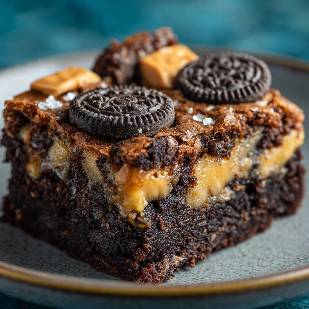 A perfectly cut square of a slutty brownie on a white plate, showcasing the three distinct layers.