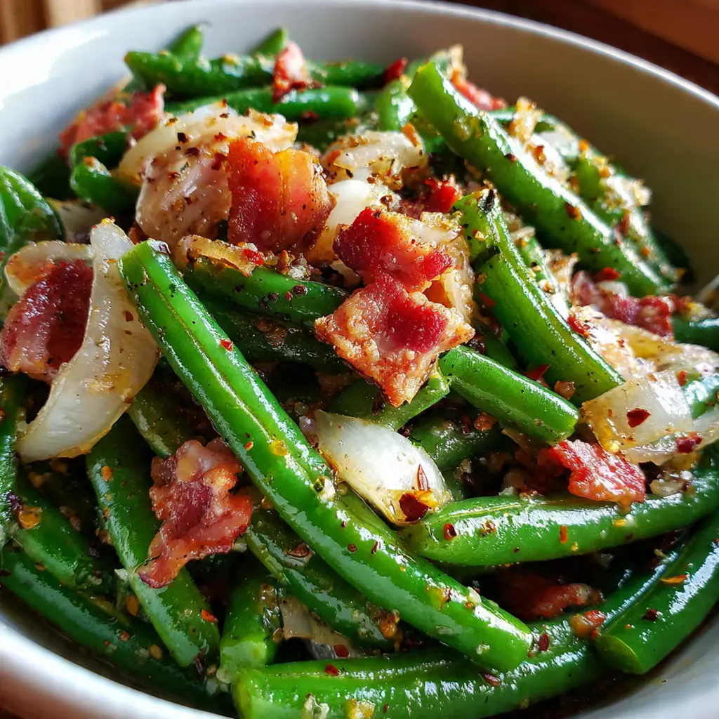A family-style bowl of Southern green beans served alongside fried chicken and cornbread