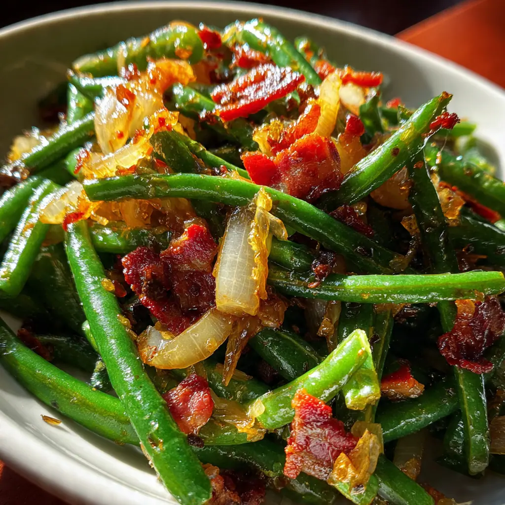 Close-up of tender green beans garnished with crispy bacon bits and fresh parsley
