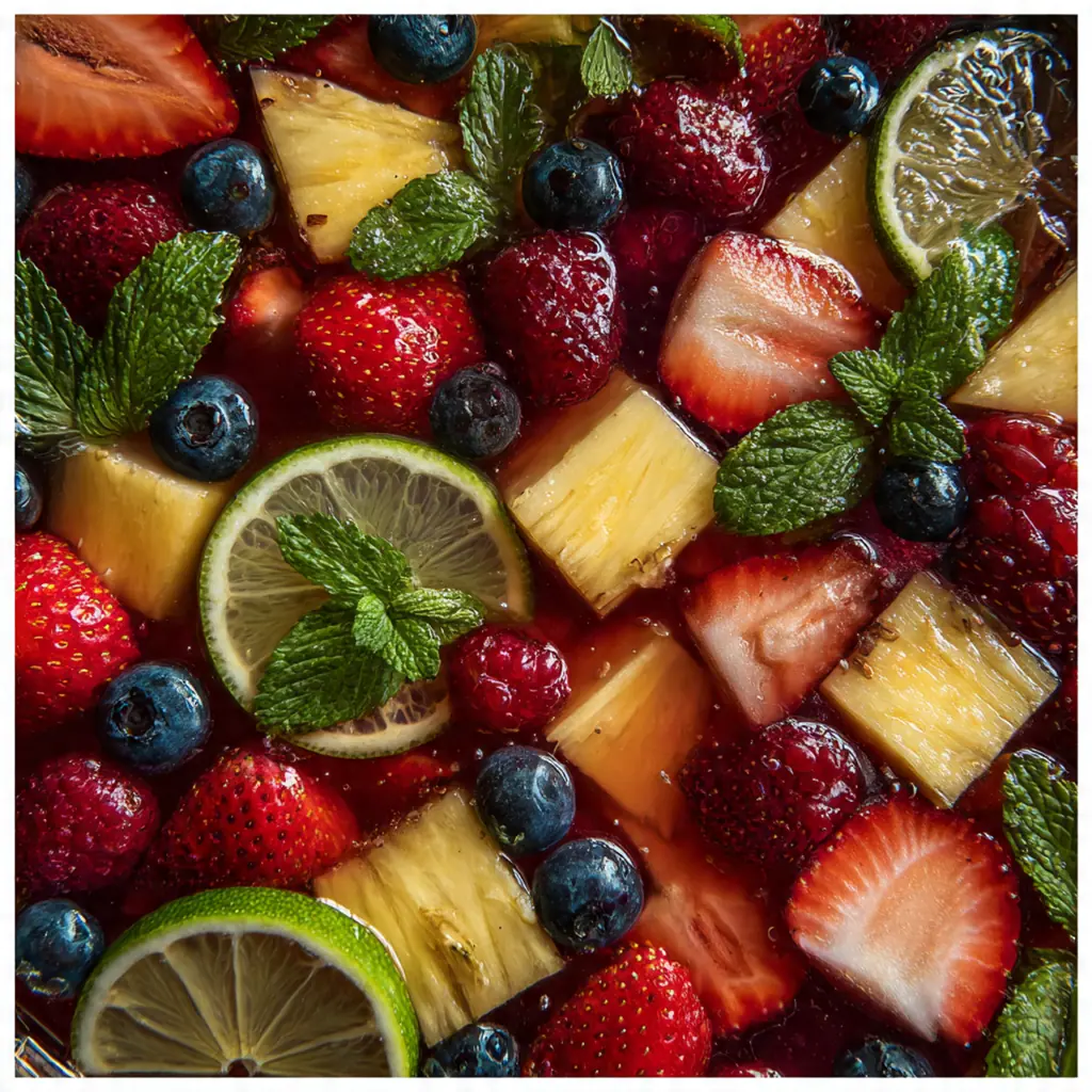 An overhead view of the spooky green fruit punch monster surrounded by party snacks and Halloween decorations.