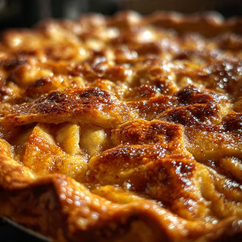 Close-up of a spoon breaking through the crispy crust into the tender, cinnamon-spiced apple filling