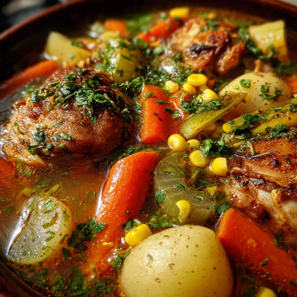 Close-up of golden brown chicken thighs simmering in a rich broth with carrots and potatoes