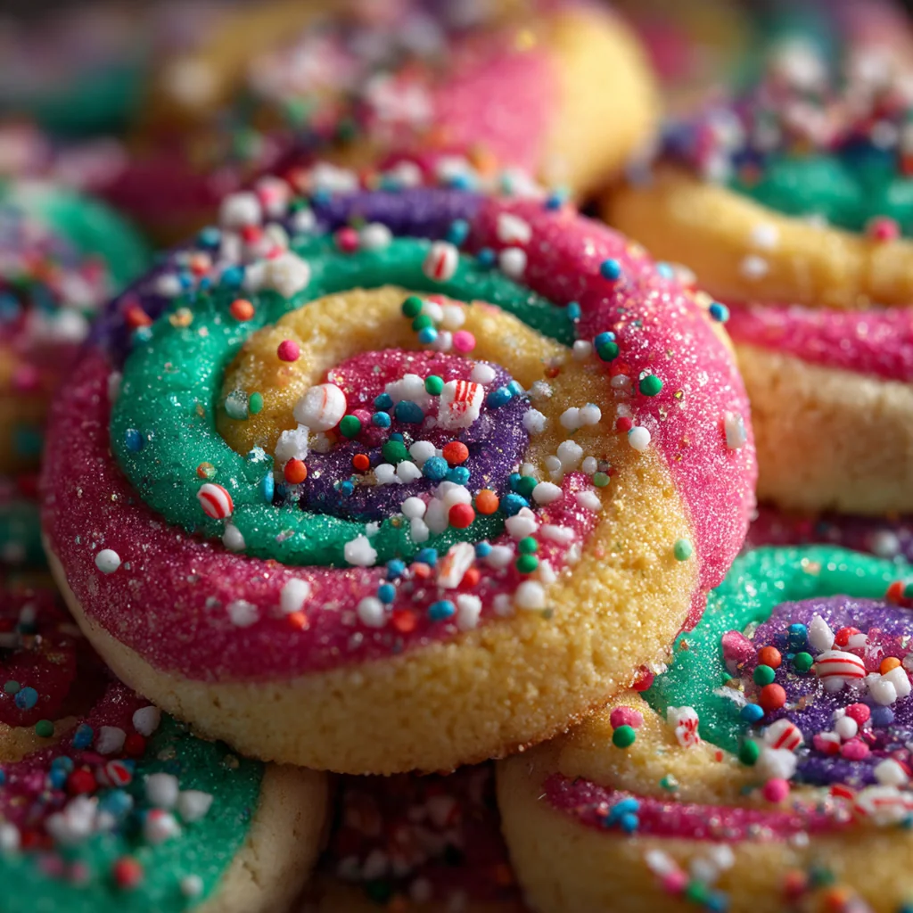 Close-up of hands carefully rolling the red and green dough into a tight log for pinwheel cookies