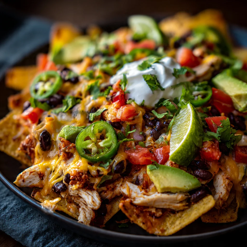 Close-up view showing gooey cheese pulling from a chip topped with spiced chicken and black beans