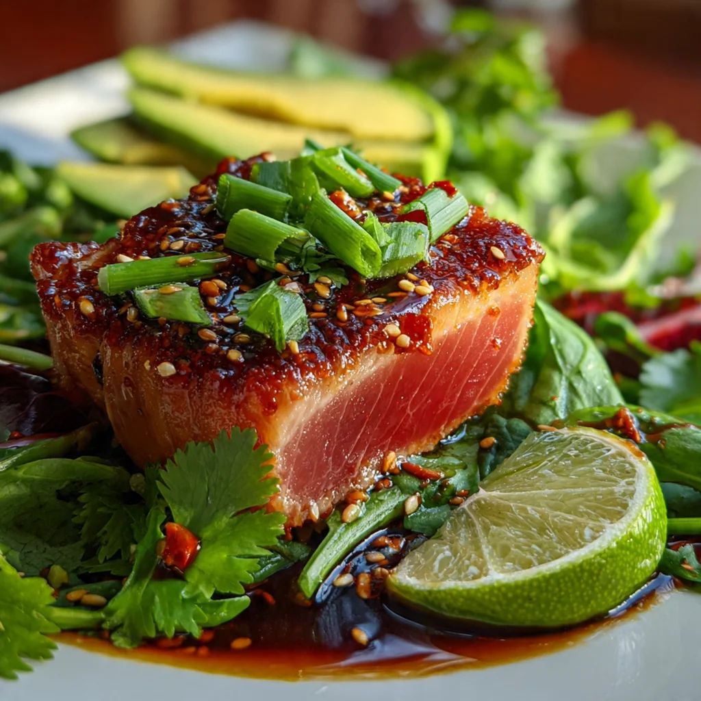 A complete dinner plate featuring sliced sesame tuna, jasmine rice, and steamed broccoli with green onion garnish