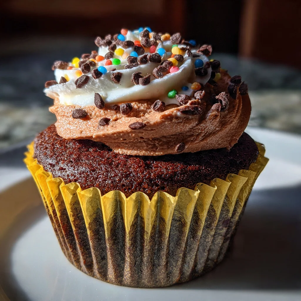 A finished chocolate cupcake held in hand, ready to be enjoyed as the perfect dessert.