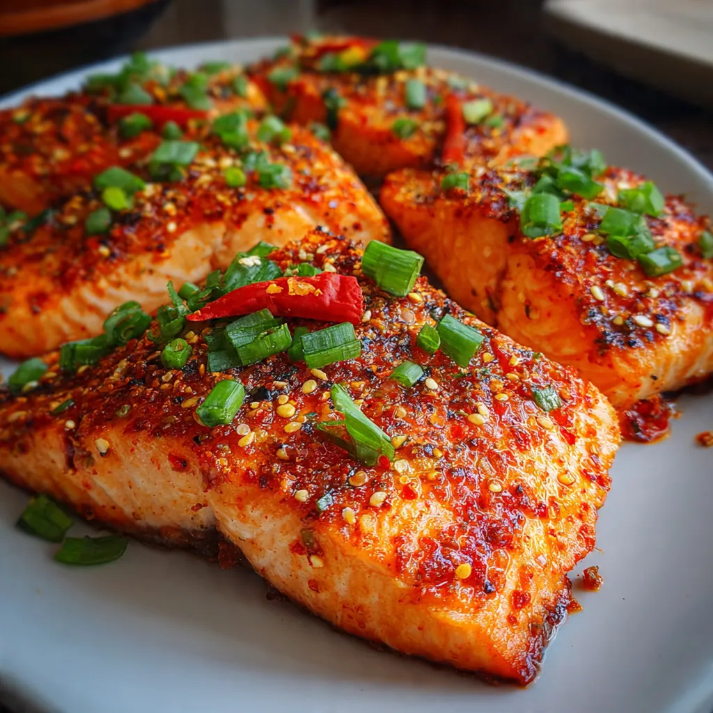 A plated dinner of bang bang salmon served over white rice with lime wedges and green onion garnish