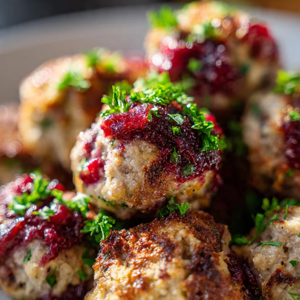 A slow cooker filled with simmering cranberry meatballs, ready for a holiday party.