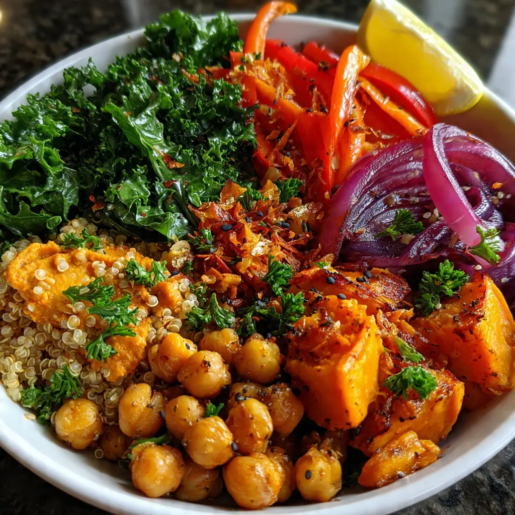 Close-up of a creamy tahini dressing being drizzled over a bowl of quinoa and roasted vegetables