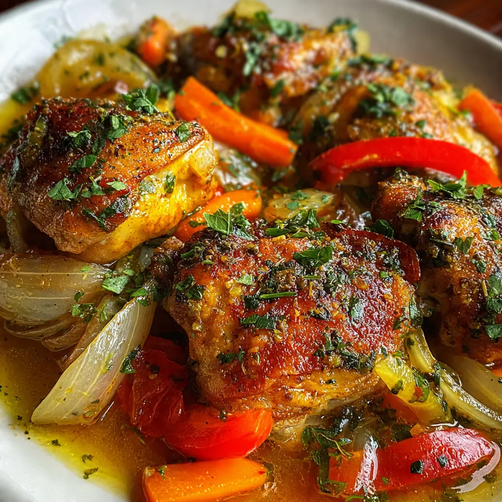 Close-up of a spoon lifting a perfectly cooked chicken thigh from the slow cooker with vegetables