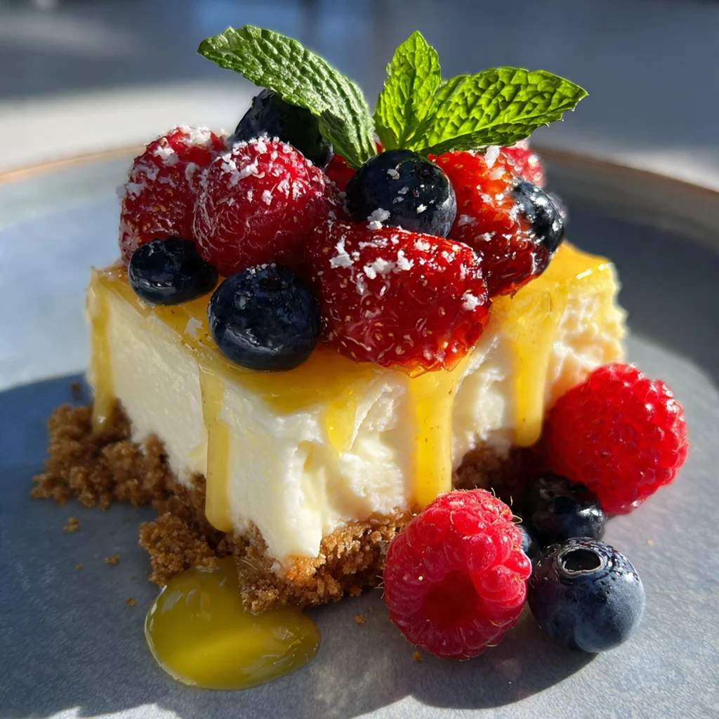 A perfect slice of creamy cheesecake on a white plate, showing its dense, smooth texture.