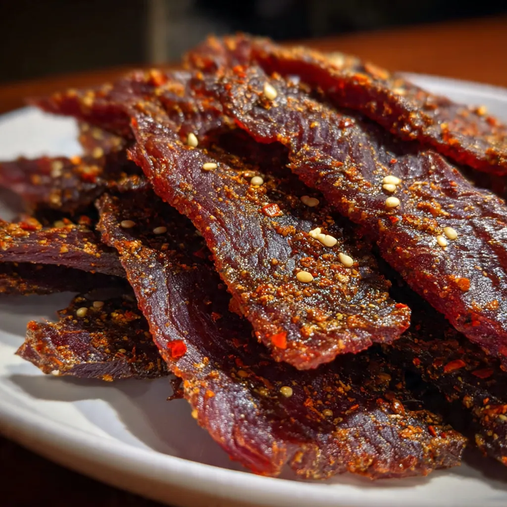 Close-up of a hand pulling apart a piece of perfectly dried, flexible beef jerky