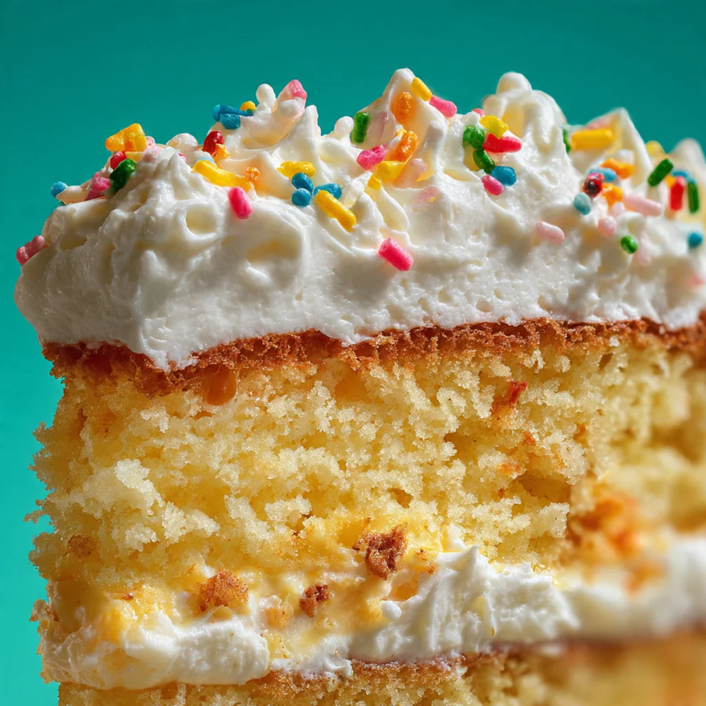 Close-up slice of vanilla cake showing a soft, tender yellow crumb next to a fresh strawberry