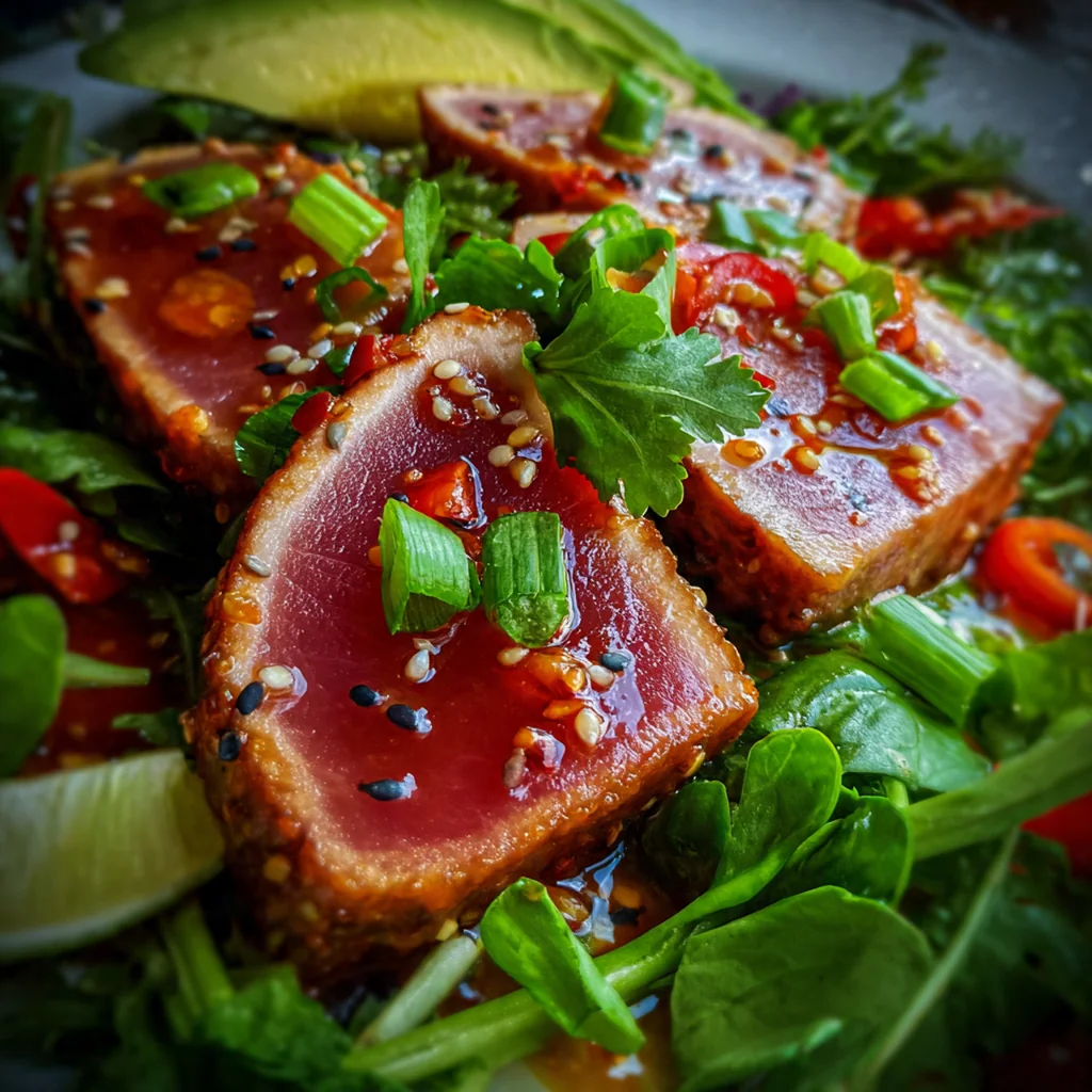 Close-up of a golden sesame seed crust on a seared tuna steak with vibrant pink center