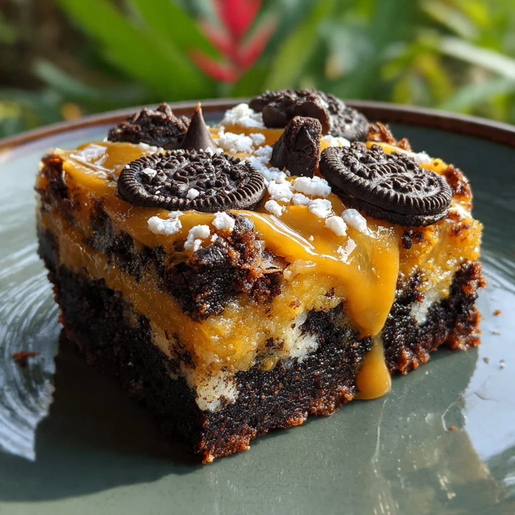 A close-up overhead shot of several slutty brownie bars arranged on a cooling rack.