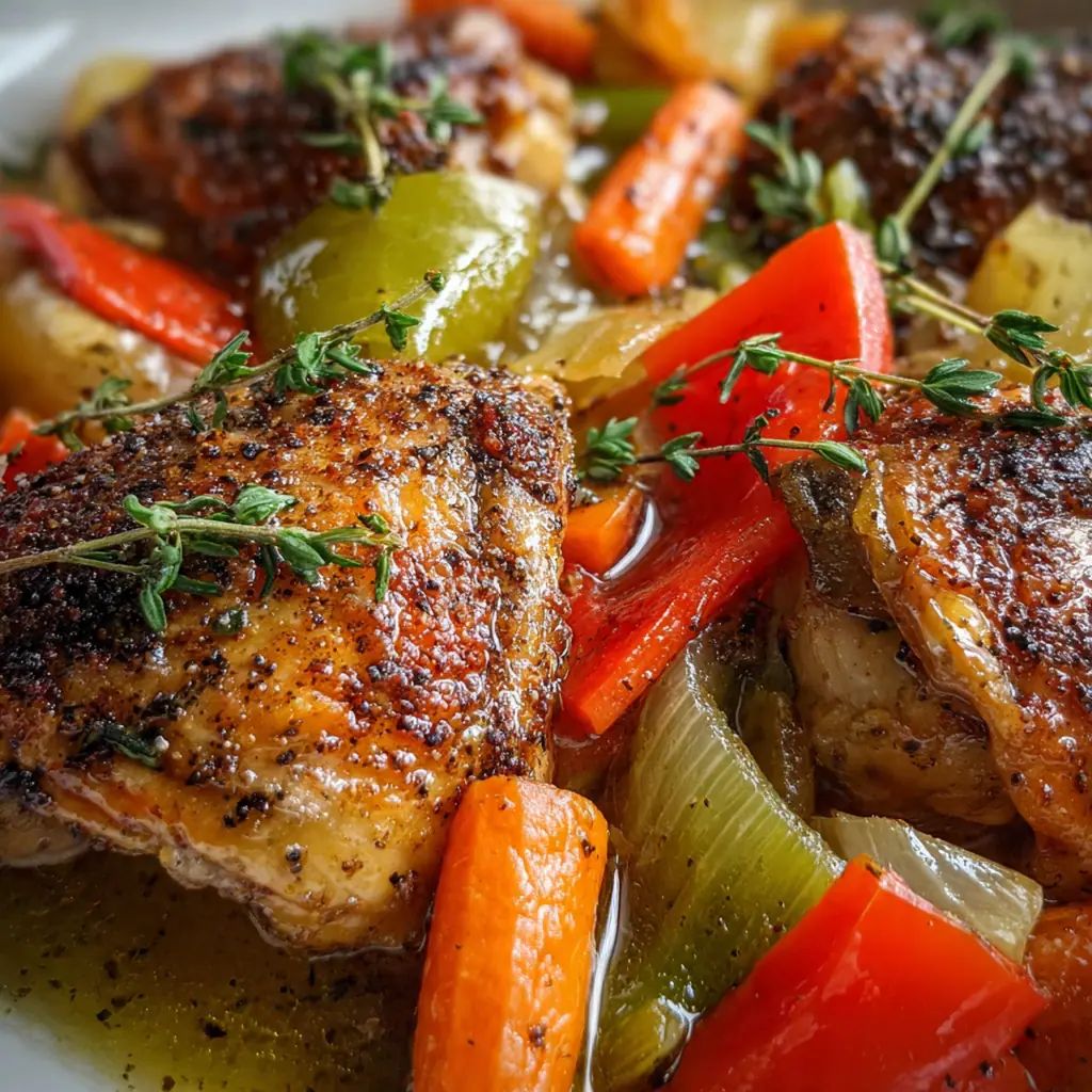 A cozy dinner bowl featuring crock pot chicken thighs and vegetables garnished with fresh parsley