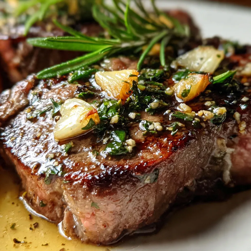 Close-up of a rich red wine pan sauce being spooned over sliced steak