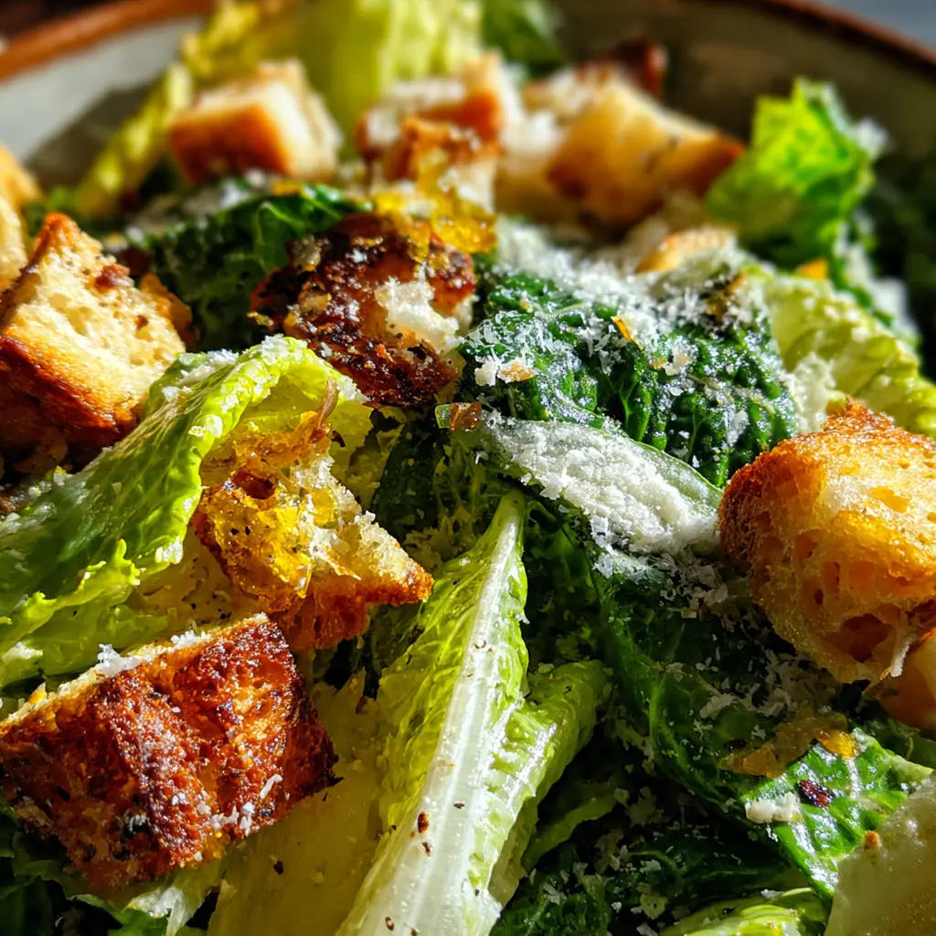 A finished plate of Caesar salad served with grilled chicken and a lemon wedge on the side