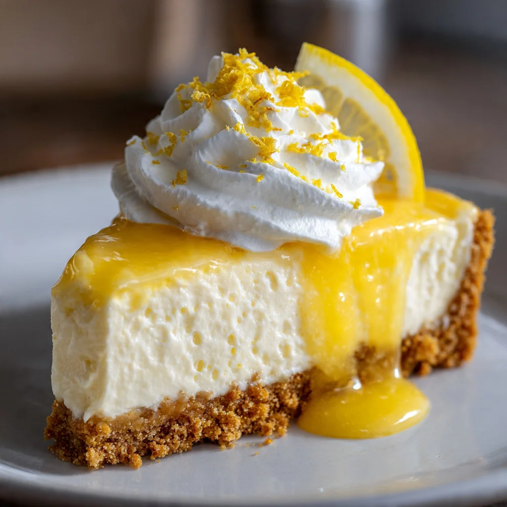 Close-up of a slice of lemon icebox pie showing the layers of creamy filling and crumbly crust.
