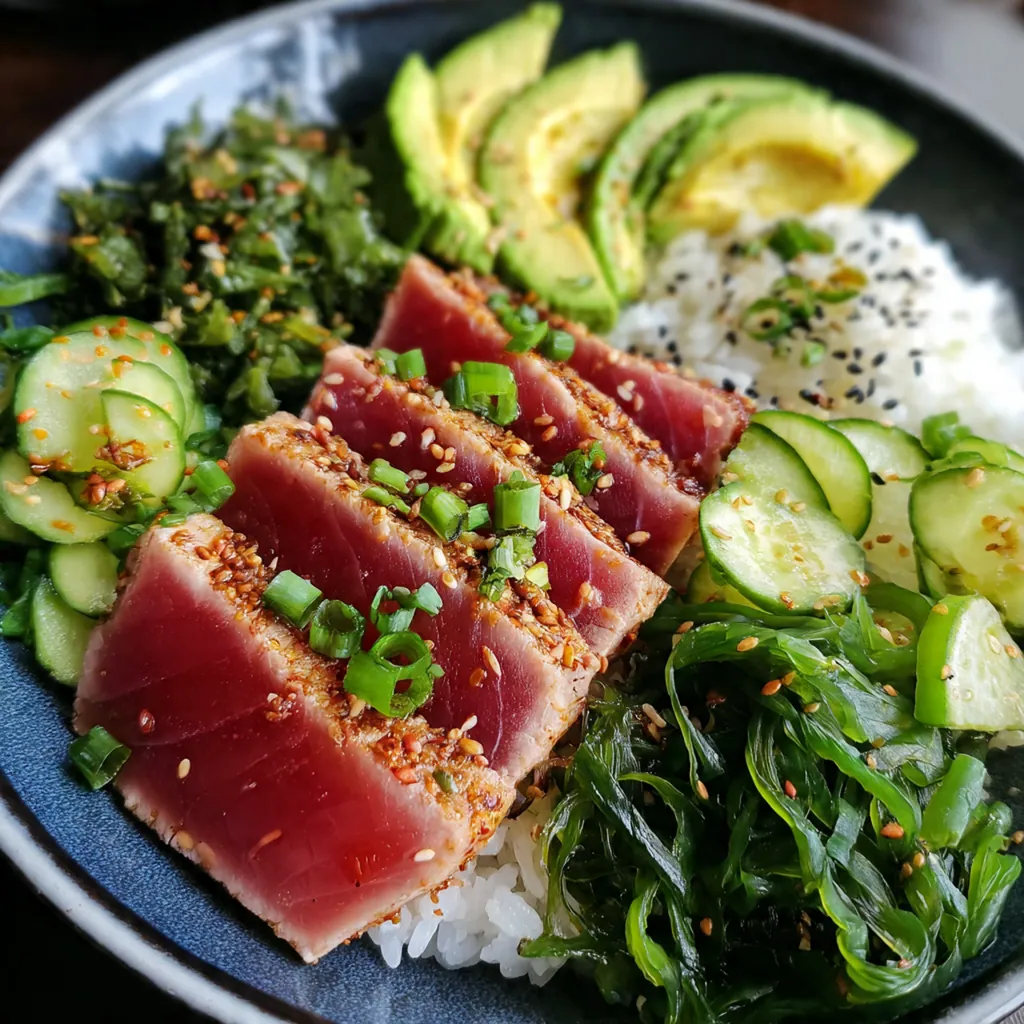 A complete dinner plate featuring sliced sesame tuna over rice with pickled ginger and wasabi