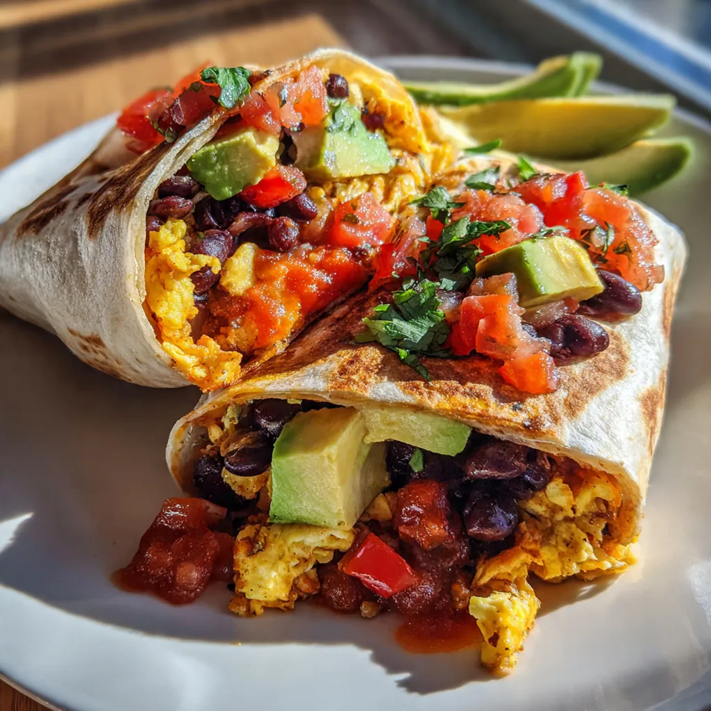 A freshly made breakfast burrito on a plate with salsa, avocado, and sour cream on the side