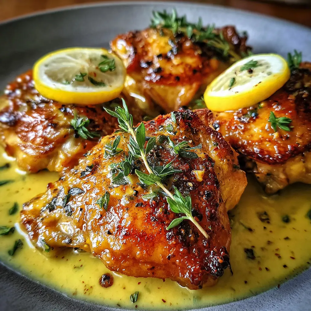 Close-up of a tender chicken thigh coated in glossy sauce with visible whole grain mustard seeds